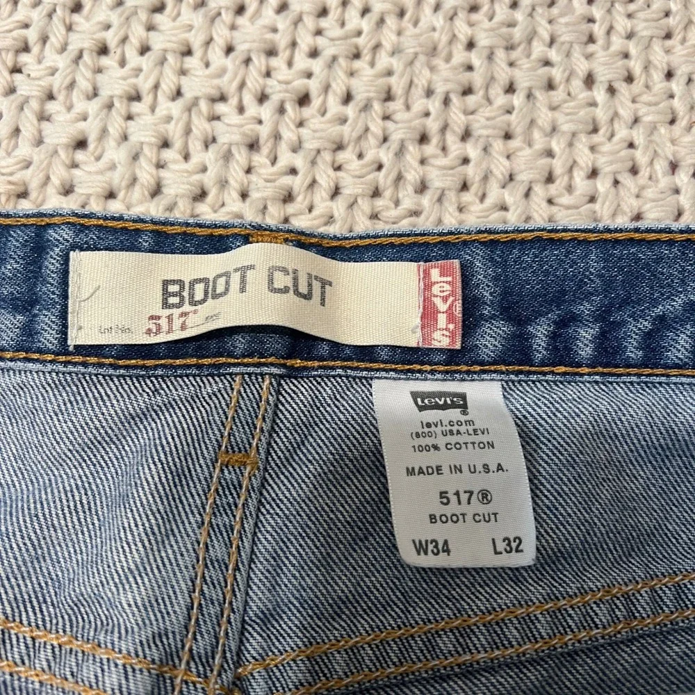Y2K Levi's 517 Boot Cut Jeans Blue Made In USA Distressed Mens 34x32